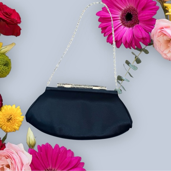 Ann Taylor Elegant Black Satin Clutch with Rhinestones And Silver Hardware - Picture 1 of 13
